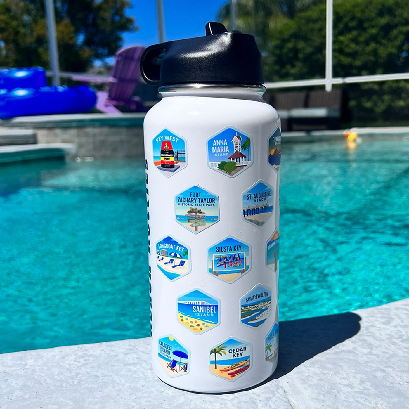 Florida Beach Towns Water Bottle Show Stickers Of Key West, Anna Maria Island, Siesta Key, Sanibel Island, Cedar Key, St Augustine Beach, and More