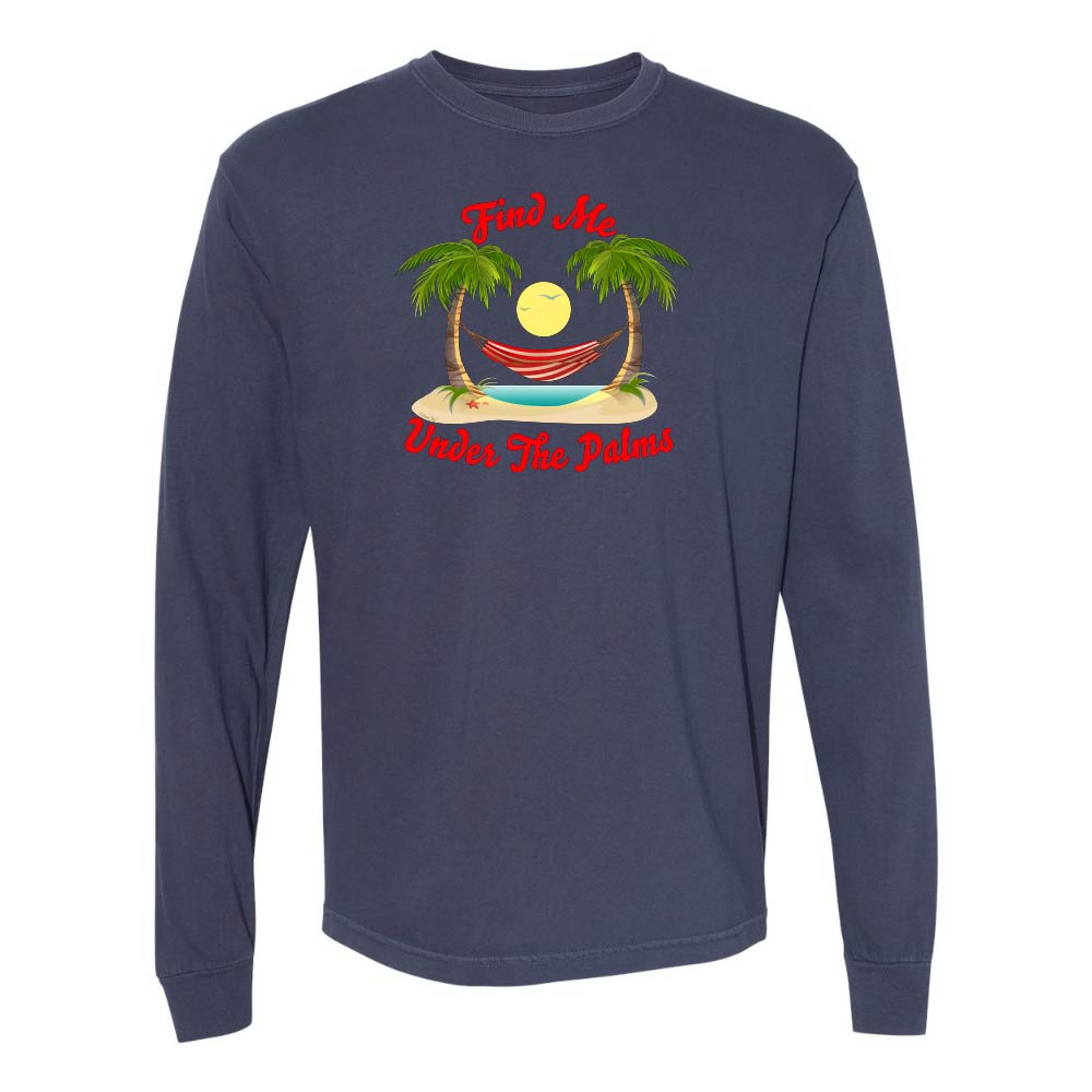 Navy Longsleeve T-Shirt with beach, hammock, and palm trees graphic and text reading "Find Me Under The Palms".