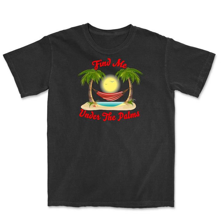 Black t-shirt with a tropical graphic and text 'Find Me Under The Palms' on a white background