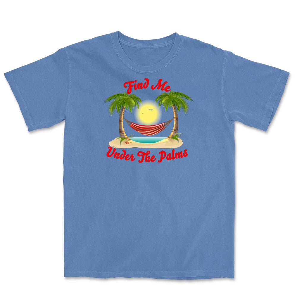 Flo Blue t-shirt with a tropical graphic and text 'Find Me Under The Palms' on a white background