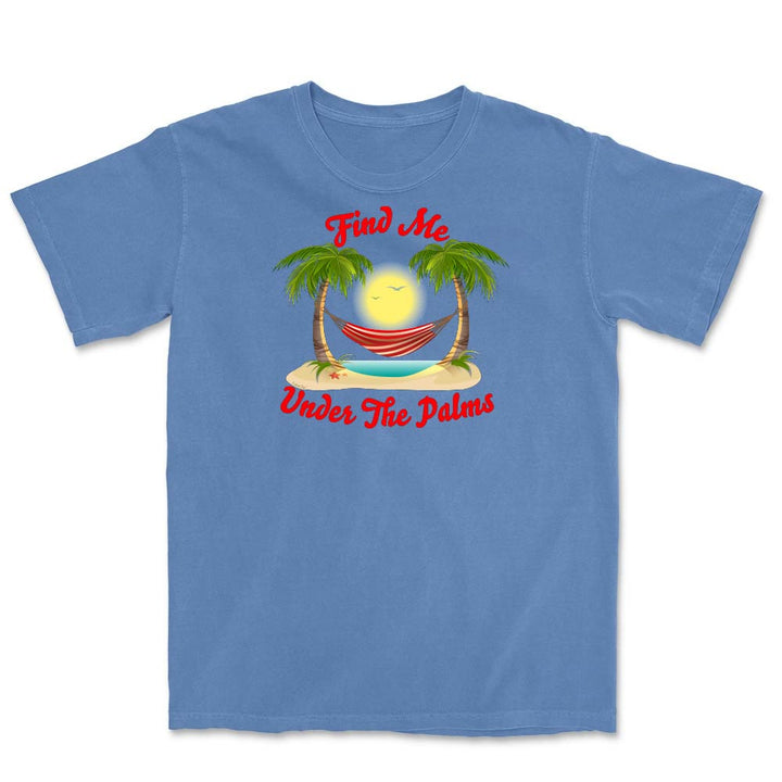 Flo Blue t-shirt with a tropical graphic and text 'Find Me Under The Palms' on a white background