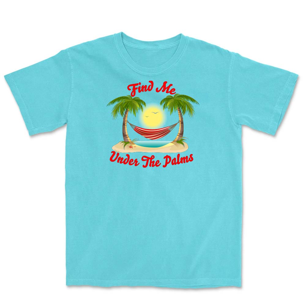 Lagoon Blue t-shirt with a tropical graphic and text 'Find Me Under The Palms' on a white background