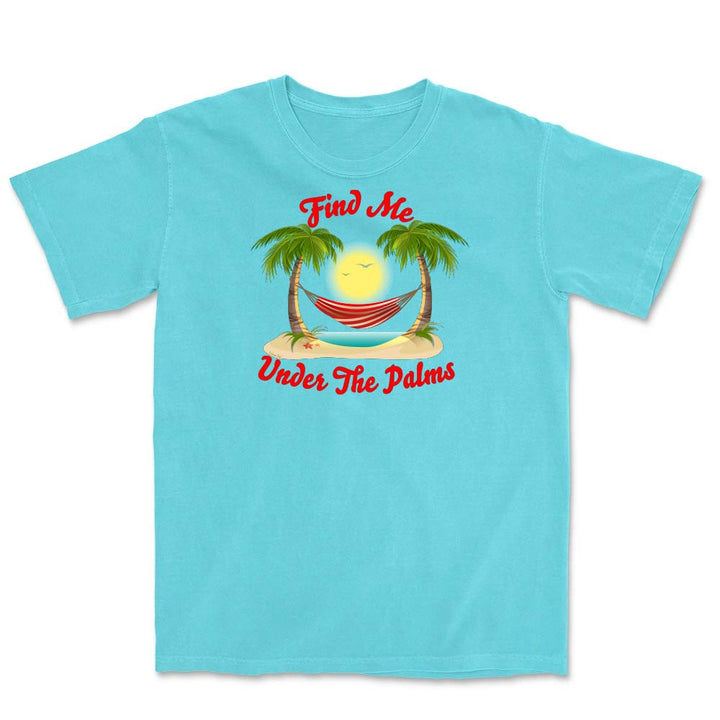Lagoon Blue t-shirt with a tropical graphic and text 'Find Me Under The Palms' on a white background
