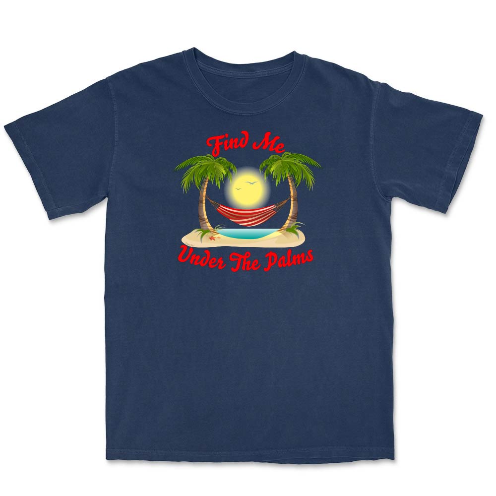 Navy blue t-shirt with a tropical graphic and text 'Find Me Under The Palms' on a white background