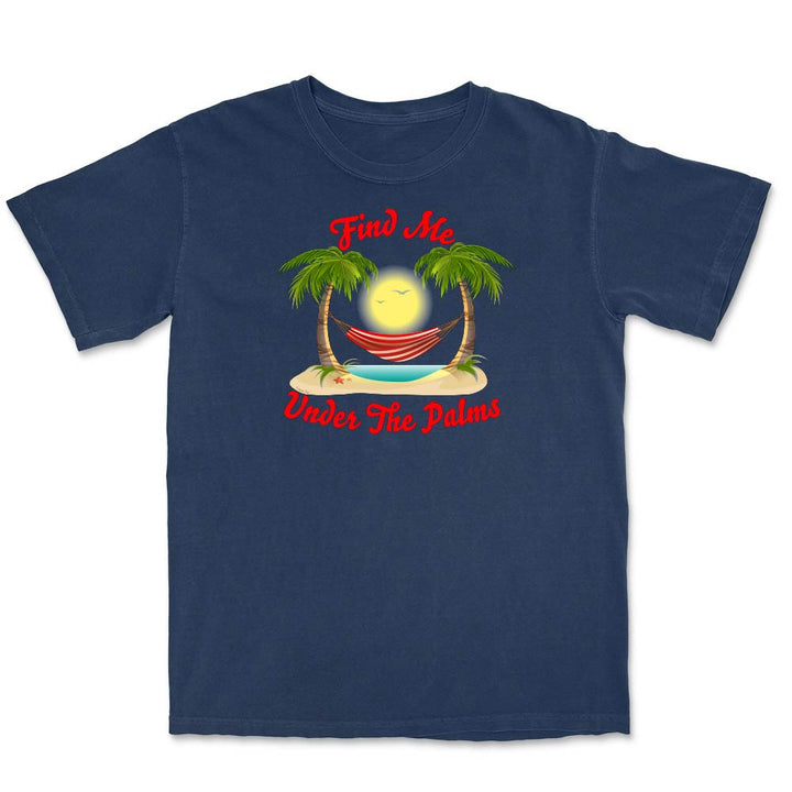 Navy blue t-shirt with a tropical graphic and text 'Find Me Under The Palms' on a white background
