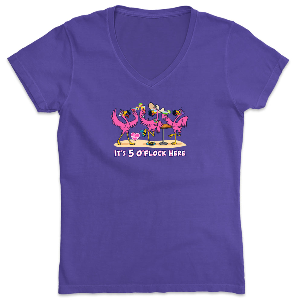 Felicia The Flamingo It's 5 O'Flock Here V-Neck T-Shirt Purple