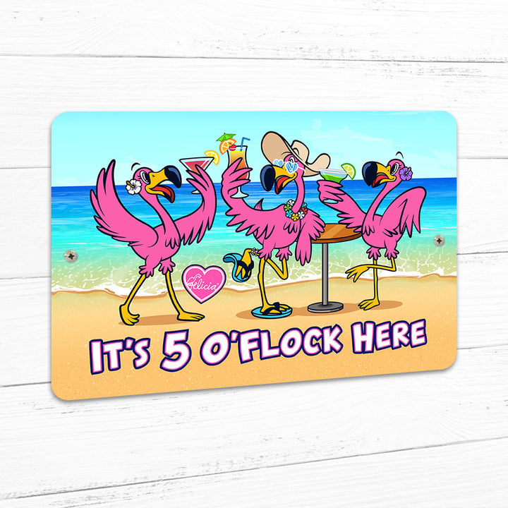 Felicia The Flamingo It's 5 O'Flock Here 8" x 12" Beach Sign