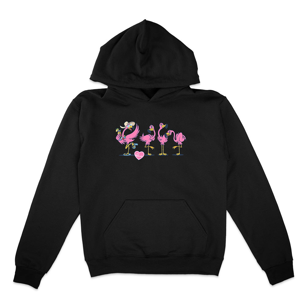 Black hoodie with pink flamingo design on a white background