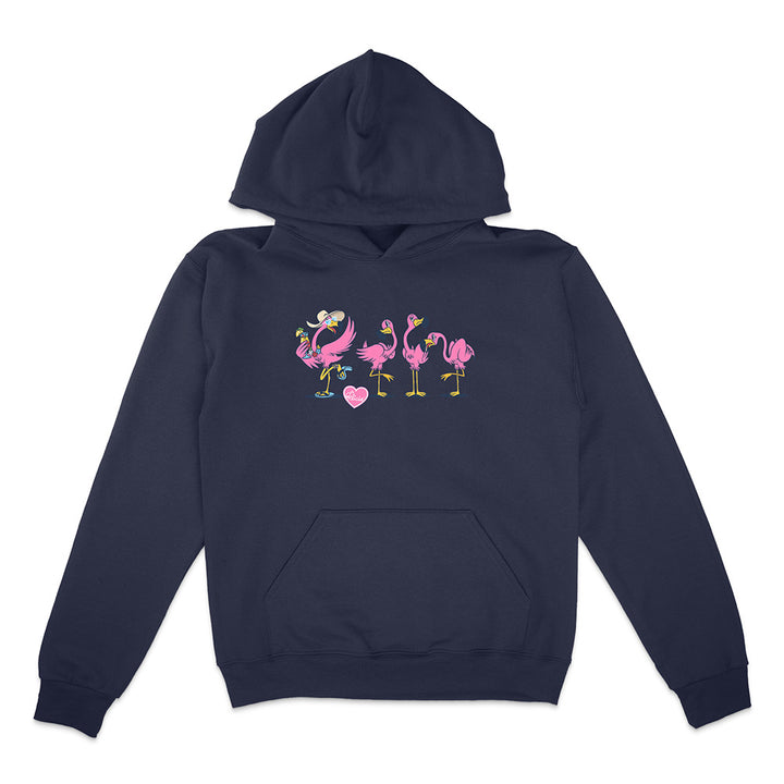 Navy blue hoodie with pink flamingo design on a white background