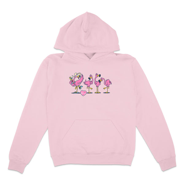 Pink hoodie with flamingo design on a white background
