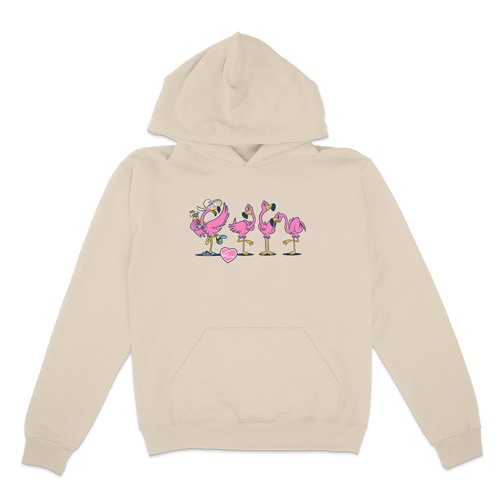 Beige hoodie with cartoon flamingos design on a white background