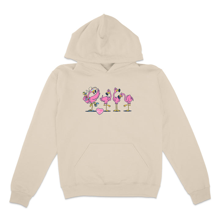 Beige hoodie with cartoon flamingos design on a white background