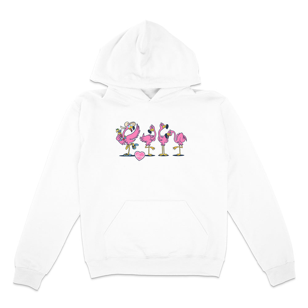 White hoodie with pink flamingo design on a white background