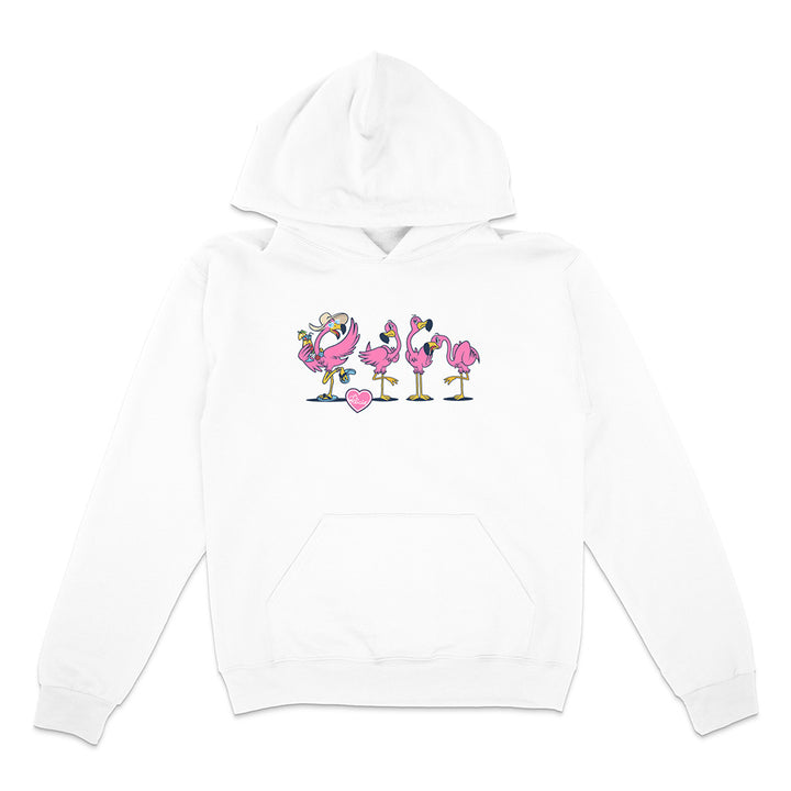 White hoodie with pink flamingo design on a white background
