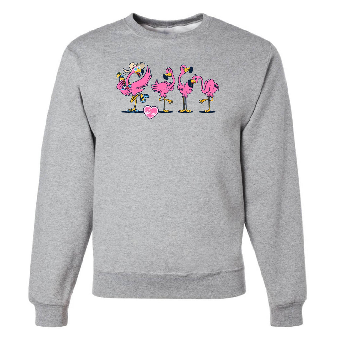 Gray sweatshirt with cartoon flamingos design on a white background