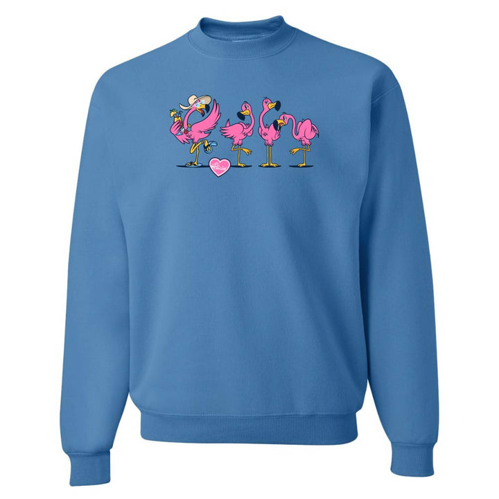 Blue sweatshirt with cartoon flamingos and a heart on a white background