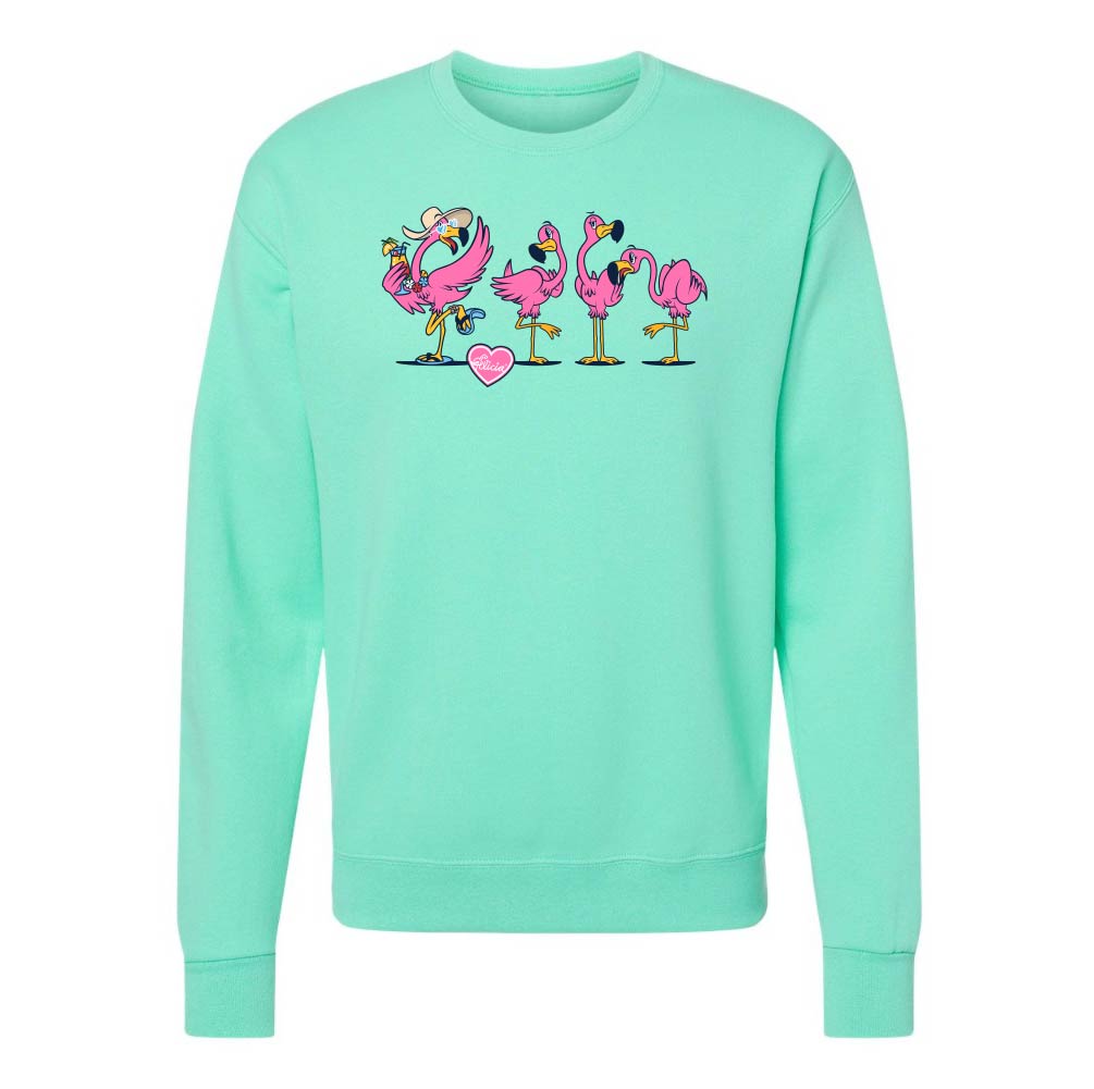 Mint green sweatshirt with pink flamingo design on a white background