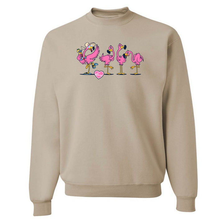 Beige sweatshirt with cartoon flamingo design on a white background
