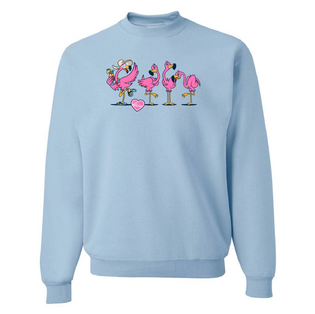 Light blue sweatshirt with cartoon flamingos and a heart on a white background