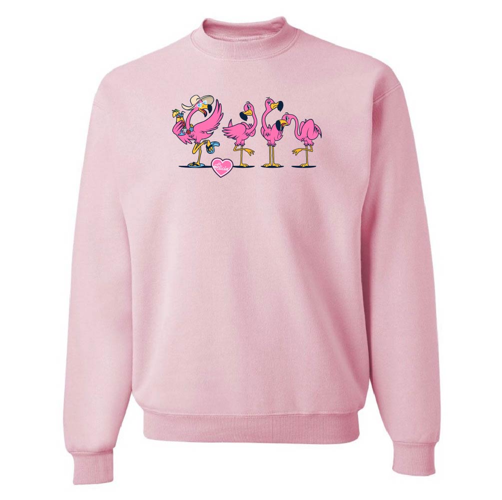 Pink sweatshirt with cartoon flamingo design on a white background