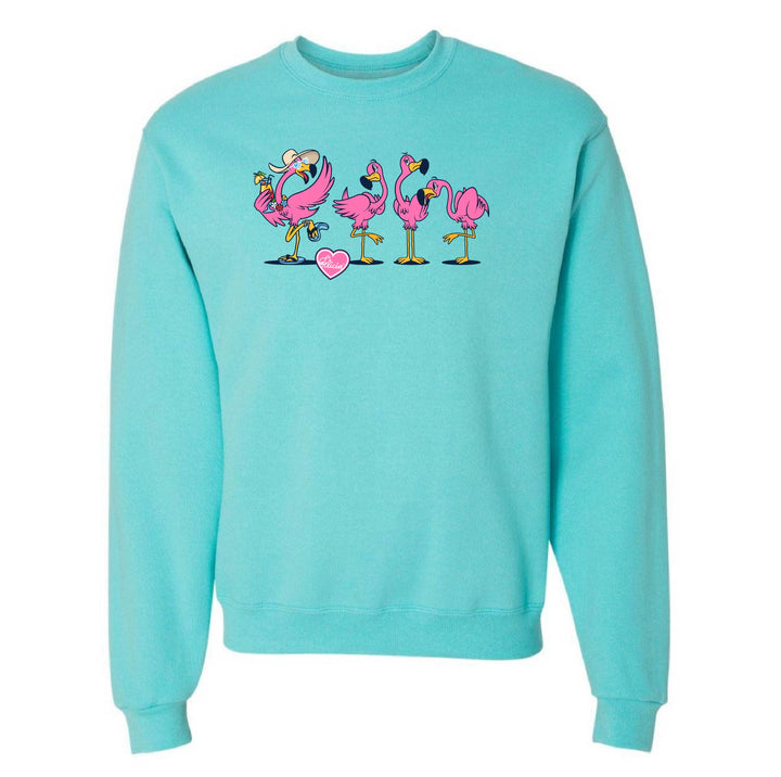 Turquoise sweatshirt with cartoon flamingos and a heart on a white background