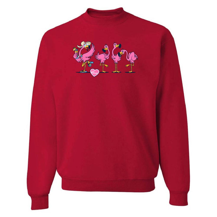 Red sweatshirt with cartoon flamingos and a heart on a white background