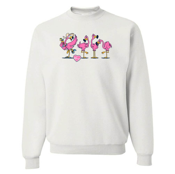 White sweatshirt with pink flamingo design on a white background