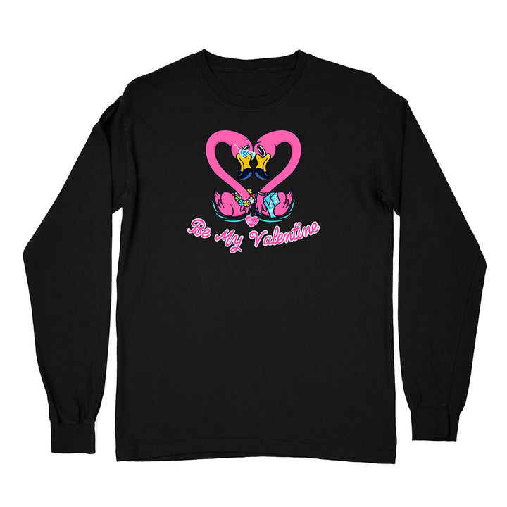 Black long-sleeve shirt with a heart design and 'Be My Valentine' text on a white background