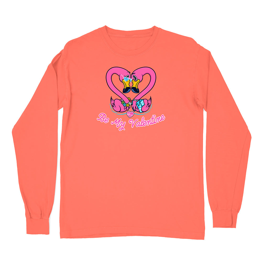 Coral long-sleeve shirt with a heart design and 'Be My Valentine' text on a white background