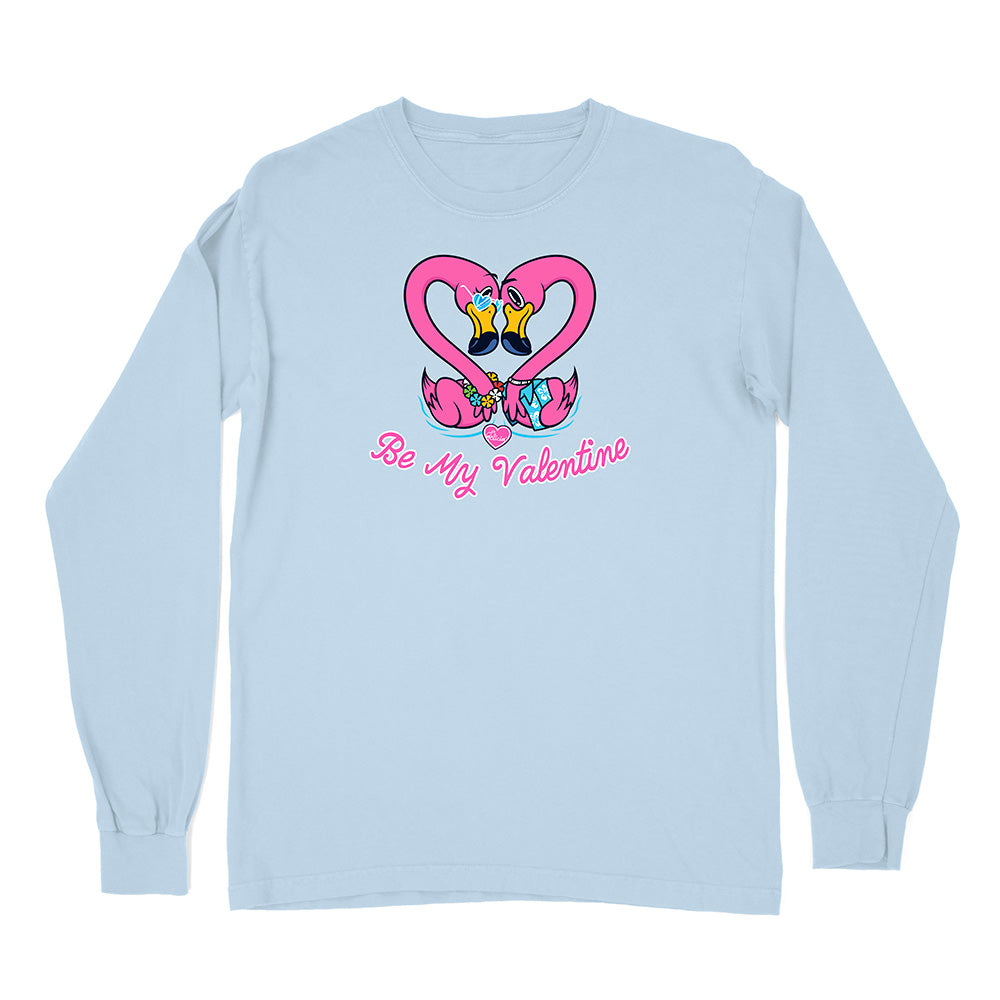 Light blue long-sleeve shirt with a heart design and 'Be My Valentine' text on a white background