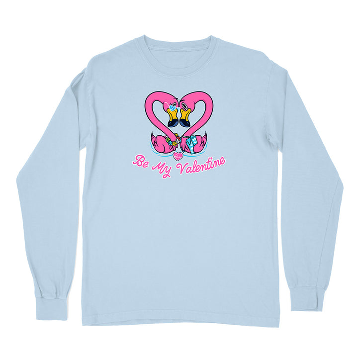 Light blue long-sleeve shirt with a heart design and 'Be My Valentine' text on a white background