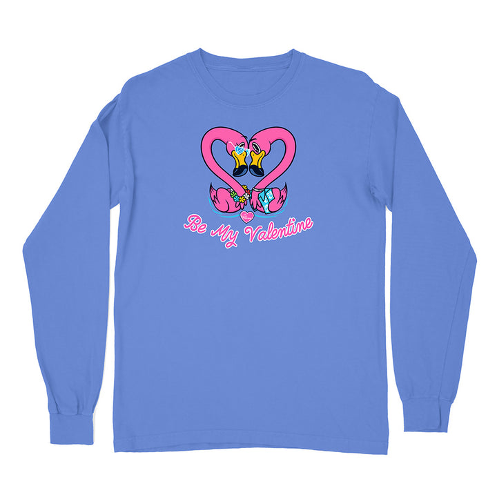 Blue long-sleeve shirt with a heart design and 'Be My Valentine' text on a white background