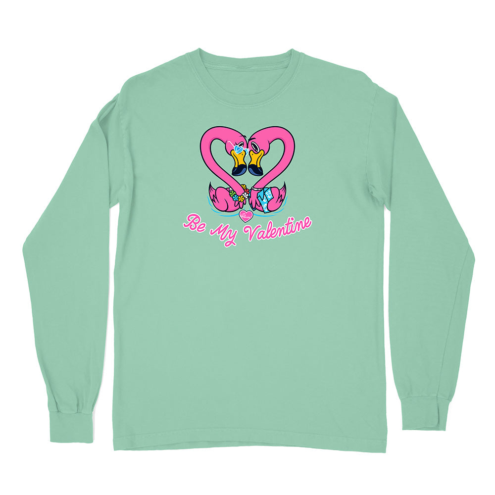 Mint green long-sleeve shirt with a heart design and 'Be My Valentine' text on a white background