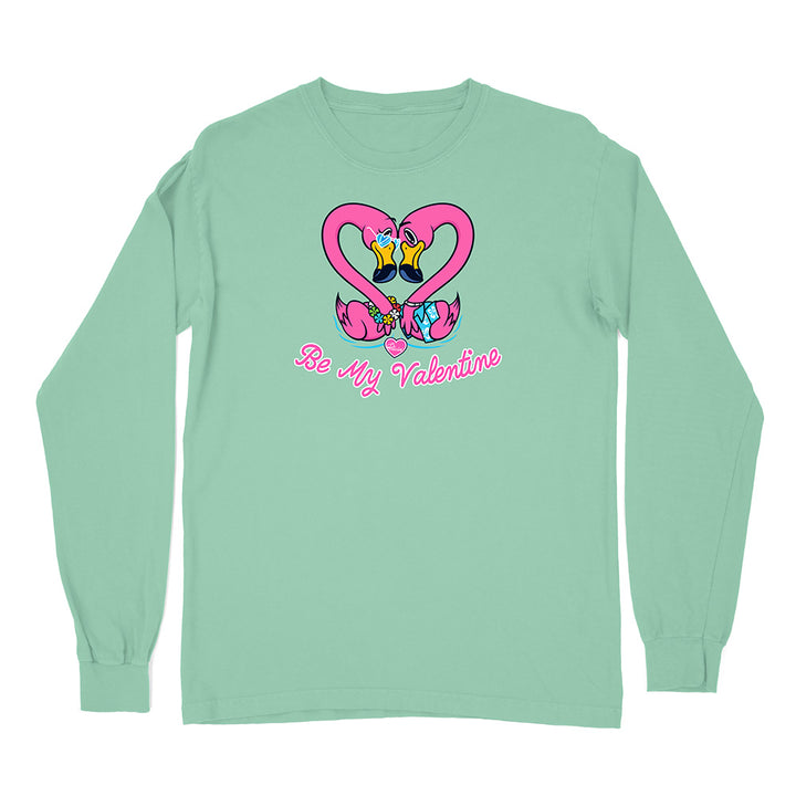 Mint green long-sleeve shirt with a heart design and 'Be My Valentine' text on a white background