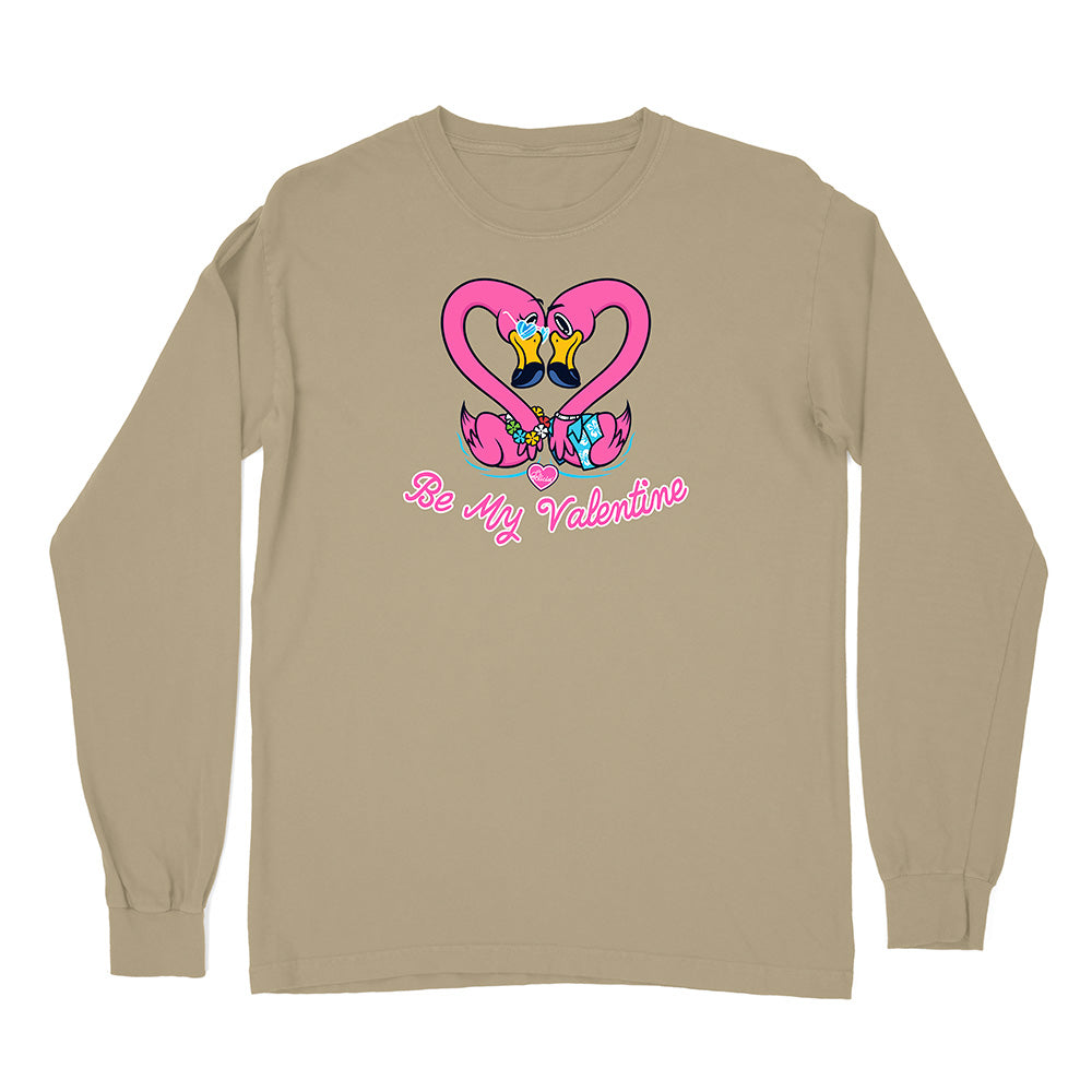 Beige long-sleeve shirt with 'Be My Valentine' flamingo design on a white background