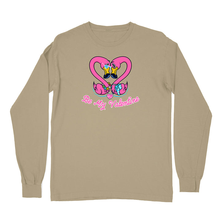 Beige long-sleeve shirt with 'Be My Valentine' flamingo design on a white background