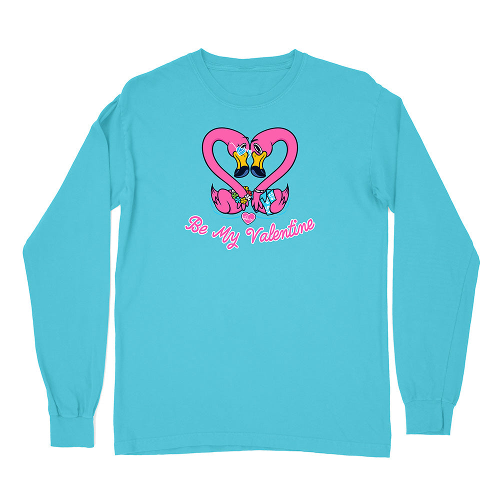 Blue long-sleeve shirt with cartoon flamingos and 'Be My Valentine' text on a white background