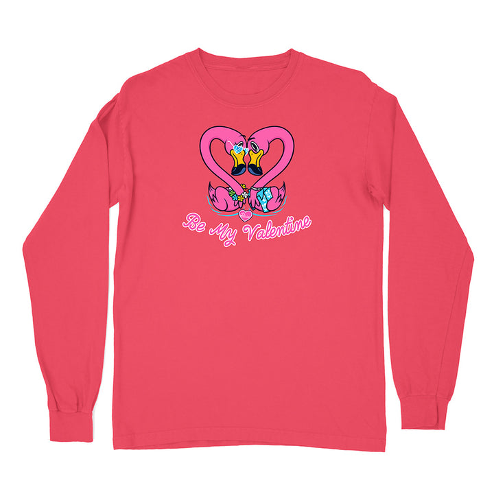 Red long-sleeve shirt with a heart design and 'Be My Valentine' text on a white background
