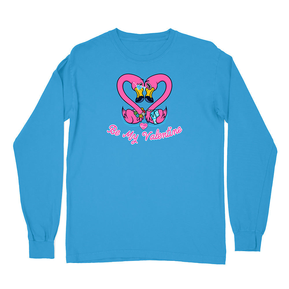 Blue long-sleeve shirt with a heart design and 'Be My Valentine' text on a white background