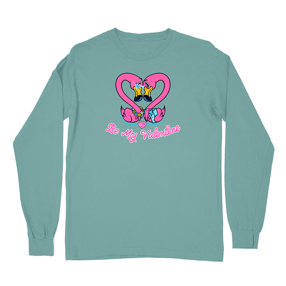 Teal long-sleeve shirt with Valentine's Day design featuring flamingos and hearts on a white background.