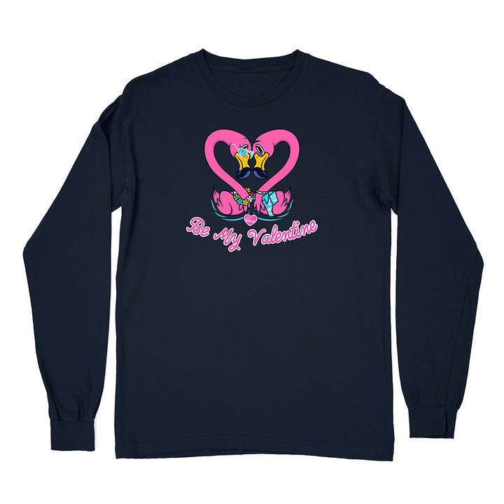 Navy blue long-sleeve shirt with a heart design and 'Be My Valentine' text on a white background