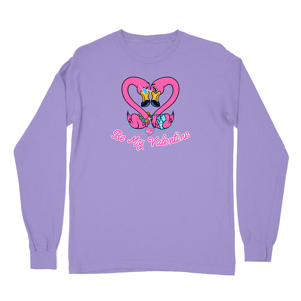 Purple long-sleeve shirt with cartoon design and 'Be My Valentine' text on a white background