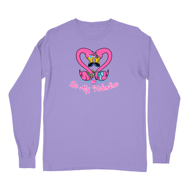 Purple long-sleeve shirt with cartoon design and 'Be My Valentine' text on a white background