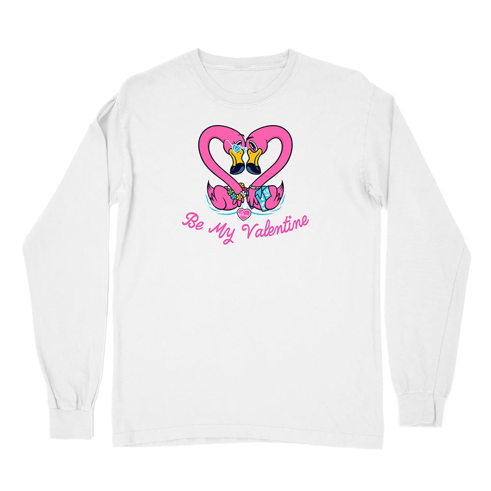 White long-sleeve shirt with Valentine's Day design featuring flamingos and a heart on a white background.