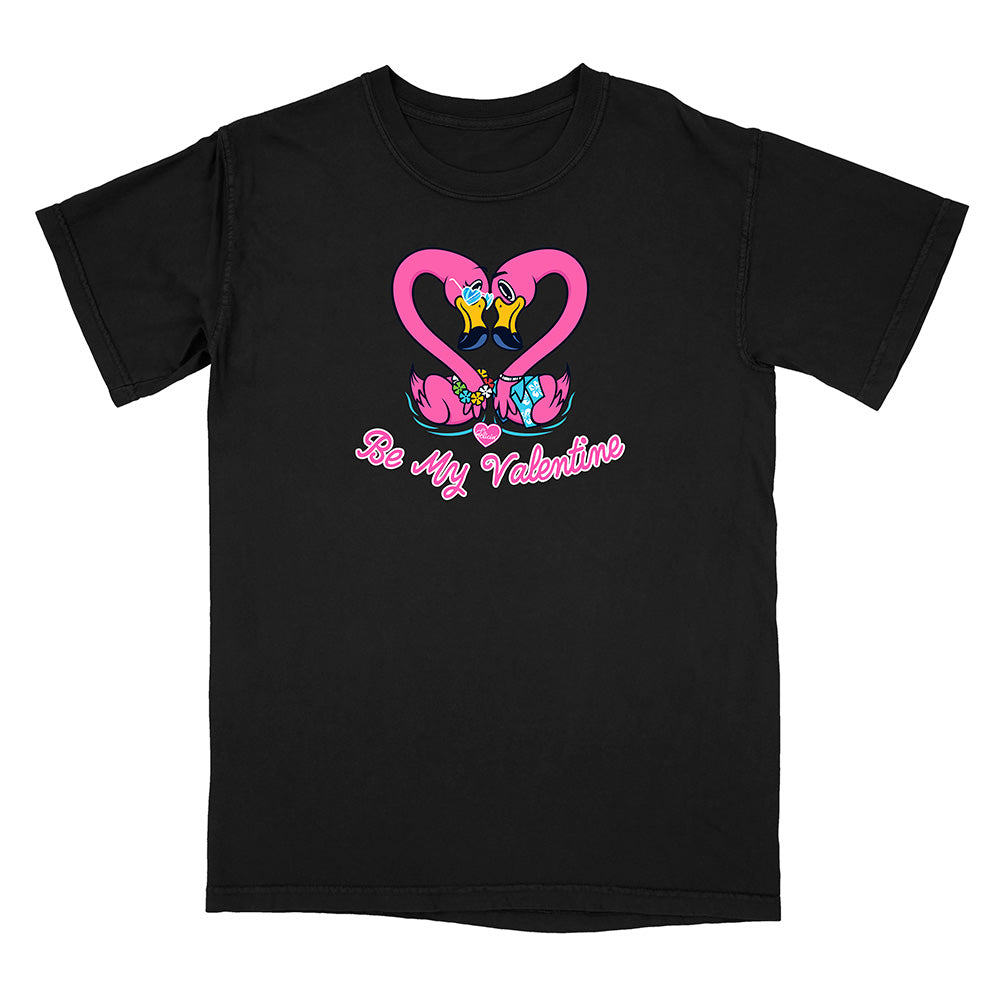 Black t-shirt with a colorful heart design and 'Be My Valentine' text on a white background