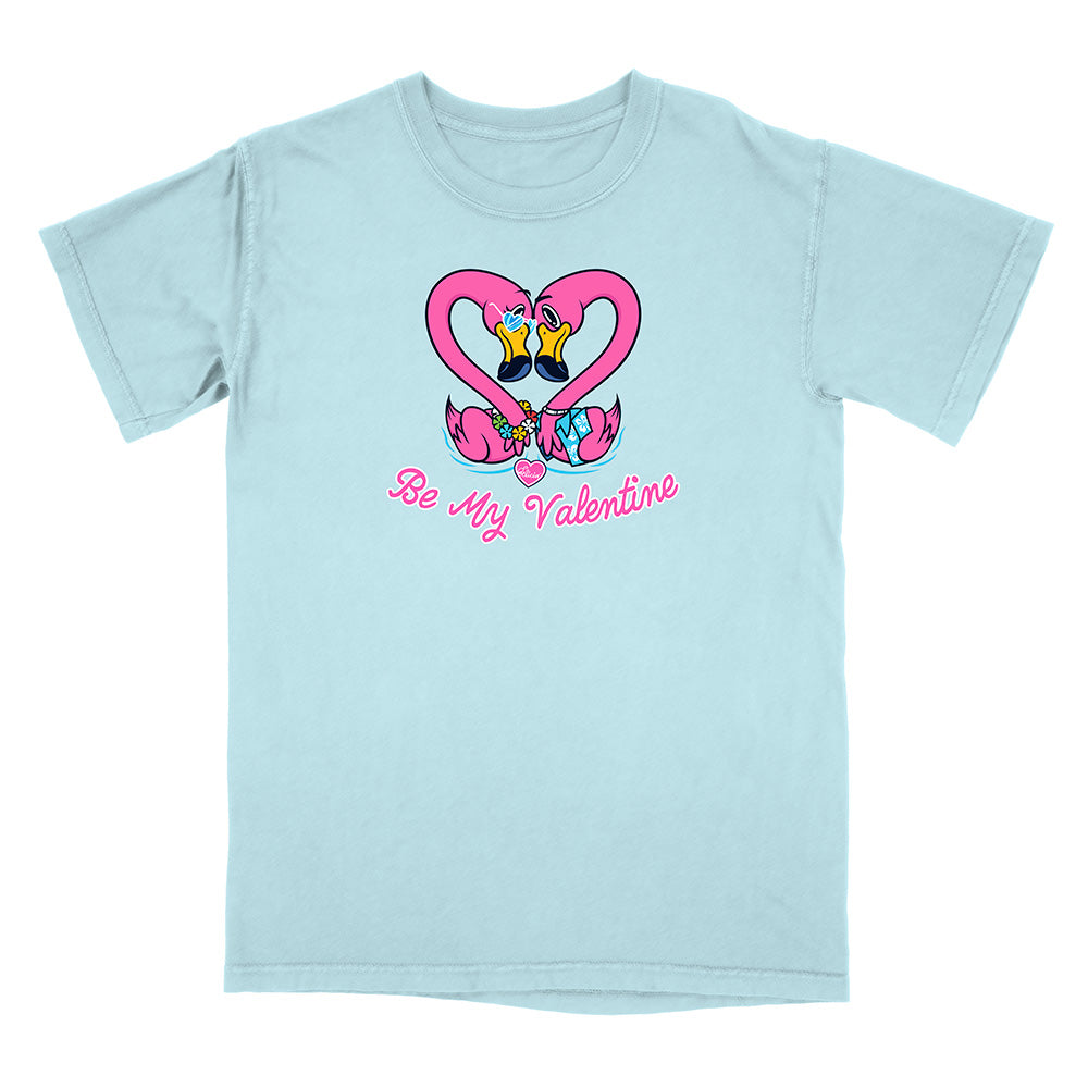 Light blue t-shirt with a heart design and 'Be My Valentine' text on a white background