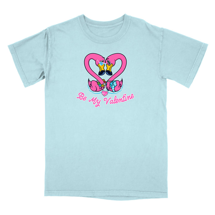 Light blue t-shirt with a heart design and 'Be My Valentine' text on a white background