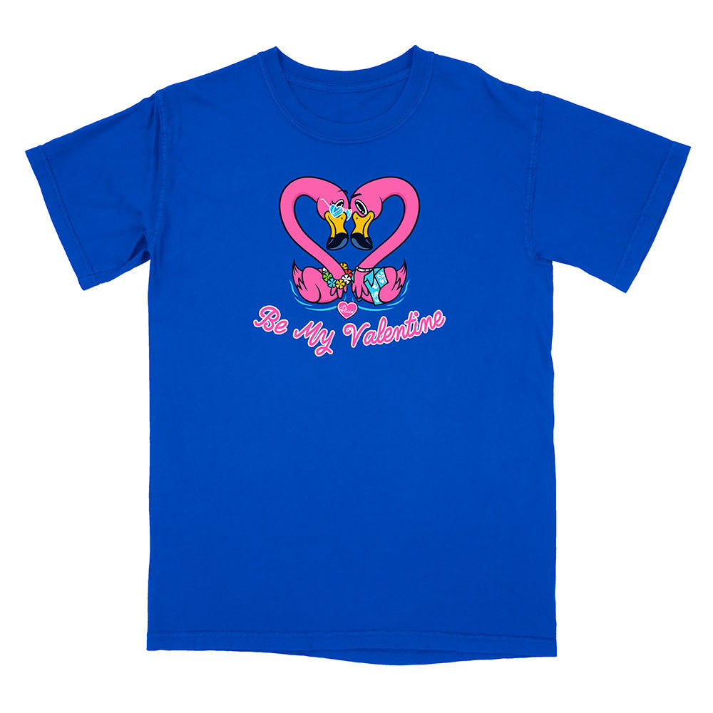 Blue t-shirt with a heart design and 'Be My Valentine' text on a white background