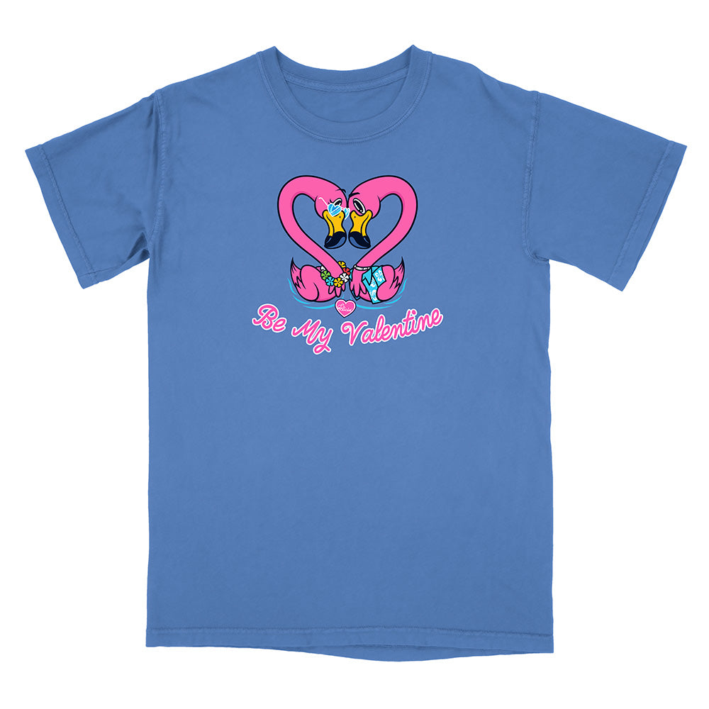 Blue t-shirt with a heart design and 'Be My Valentine' text on a white background