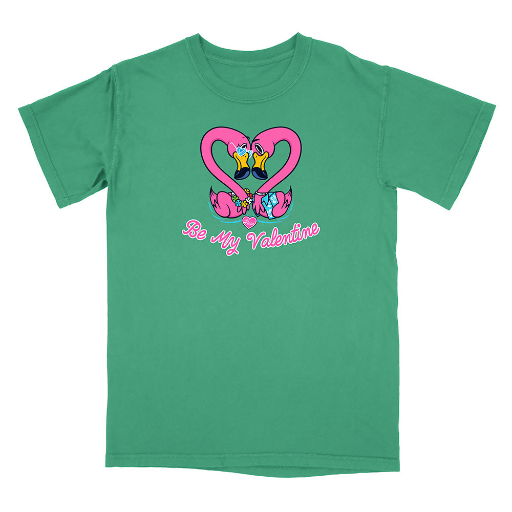 Green t-shirt with a heart design and 'Be My Valentine' text on a white background